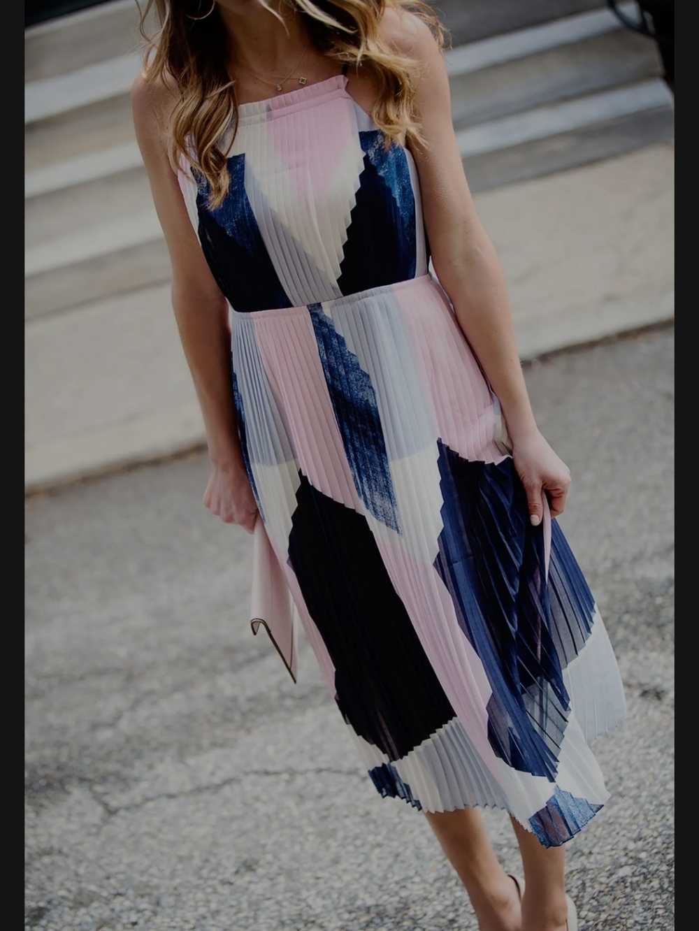 Banana Republic Pleated Colorblock Midi Dress Adjustable Straps Pink-Navy  Sz.10